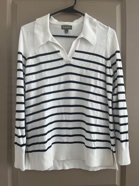 Style & Co. White V-Neck Polo Sweater with Navy Stripes